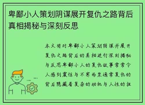卑鄙小人策划阴谋展开复仇之路背后真相揭秘与深刻反思